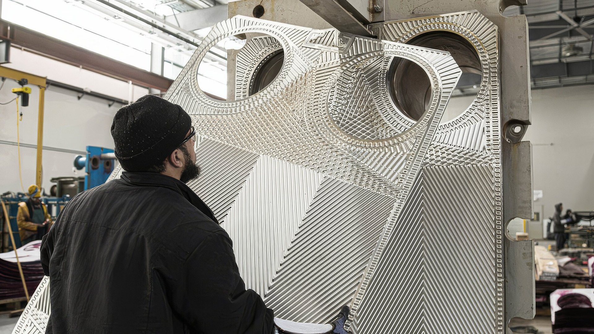 man handling plates for plate heat exhanger